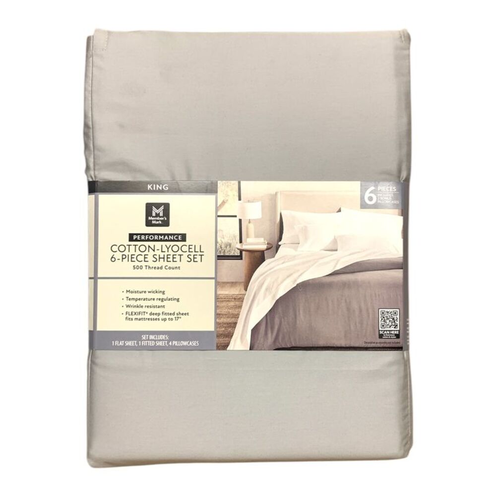 Soft Silver - Member's Mark 500TC Performance Cotton-Lyocell Sheet Set, 6 Piece,
